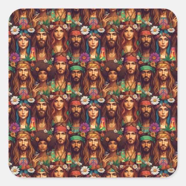 Hippie Tapestry Groovy Psychedelic Peace Era Quadratischer Aufkleber (Vorderseite)