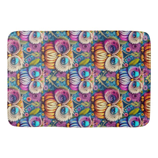 Hippie Trippy Psychedelic Colorful Owl Badematte (Vorderseite)