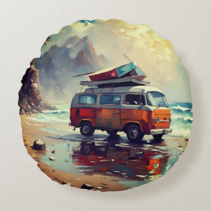 Hippie-Van-Seelandschaft-Reisender-Mood-Art  Rundes Kissen