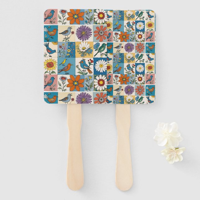 Hippie-Volks kunst Blumen-Patchwork mit Vögeln Fächer (Vorne und Hinten)