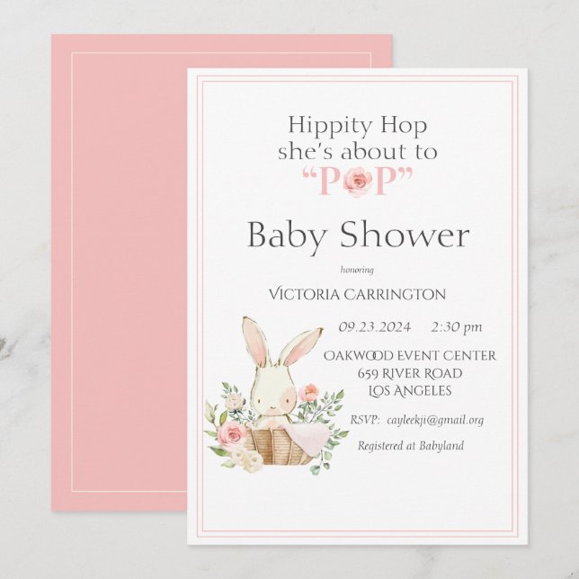 Hippity Hop Bunny Pink Moderne Babydusche Einladung (Vorne/Hinten)