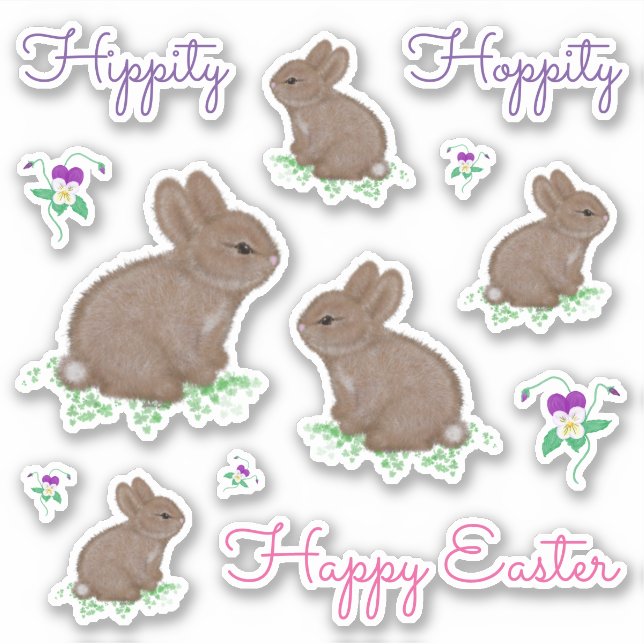 Hippity Hoppity Happy Oaster Bunnies und Blume Aufkleber (Vorderseite)