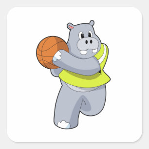 Hippo als Basketballspieler mit Basketball.PNG Quadratischer Aufkleber