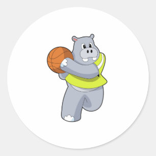 Hippo als Basketballspieler mit Basketball.PNG Runder Aufkleber