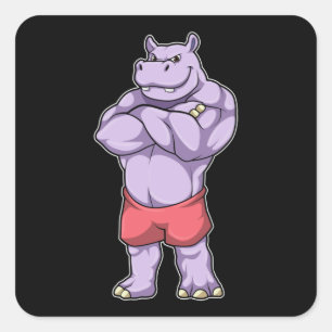 Hippo als Bodybuilder Extrem Quadratischer Aufkleber