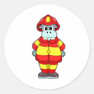 Hippo als Feuerwehrmann in der Feuerabteilung mit Runder Aufkleber