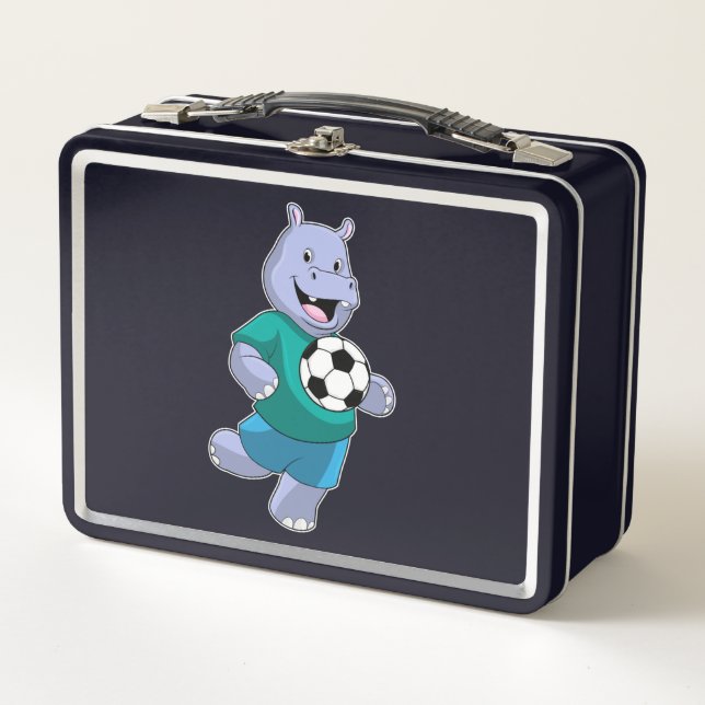 Hippo als Fußballspieler mit Fußball Metall Brotdose (Vorderseite)