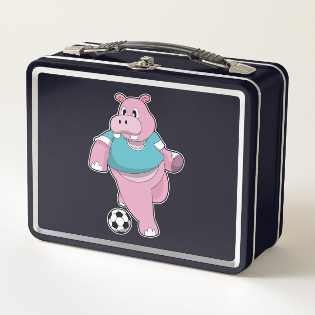 Hippo als Fußballspieler mit Fußball.PNG Metall Brotdose (Vorderseite)