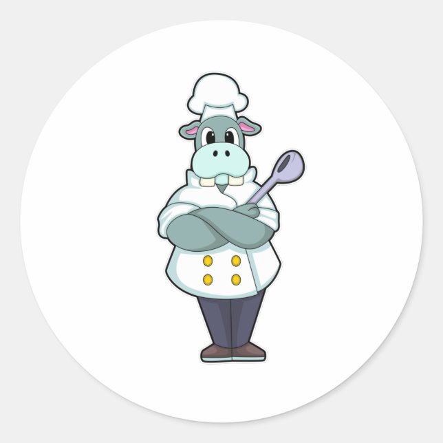 Hippo als Koch mit Holzlöffel & Kochen Schürze Runder Aufkleber (Vorderseite)