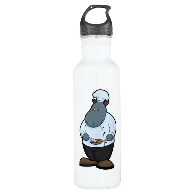 Hippo als Koch mit Pan Edelstahlflasche (Vorderseite)