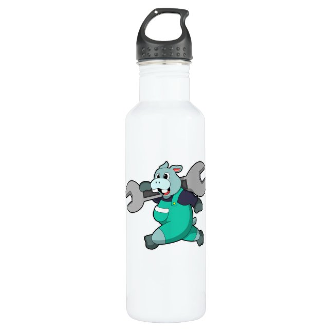 Hippo als Mechanik mit Schraubenschlüssel Edelstahlflasche (Vorderseite)