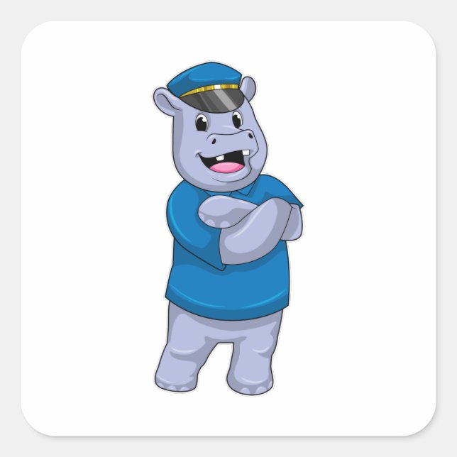 Hippo als Polizeibeamter mit Polizeihut Quadratischer Aufkleber (Vorderseite)