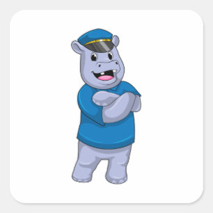 Hippo als Polizeibeamter mit Polizeihut Quadratischer Aufkleber