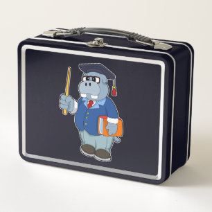 Hippo als Professor mit Buch Metall Brotdose