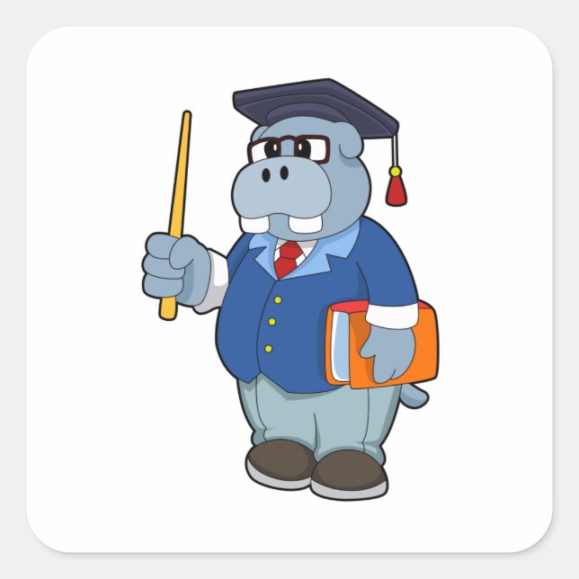 Hippo als Professor mit Buch Quadratischer Aufkleber (Vorderseite)