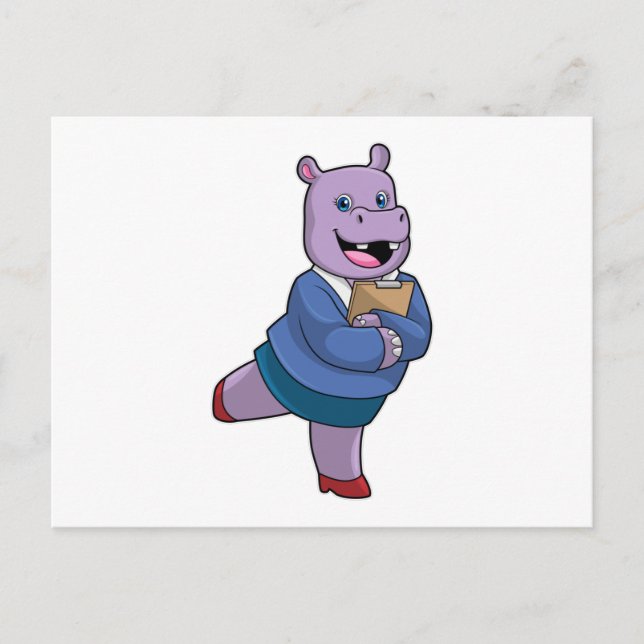 Hippo als Secretary mit Notepad Postkarte (Vorderseite)