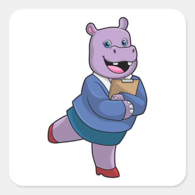 Hippo als Secretary mit Notepad Quadratischer Aufkleber (Vorderseite)