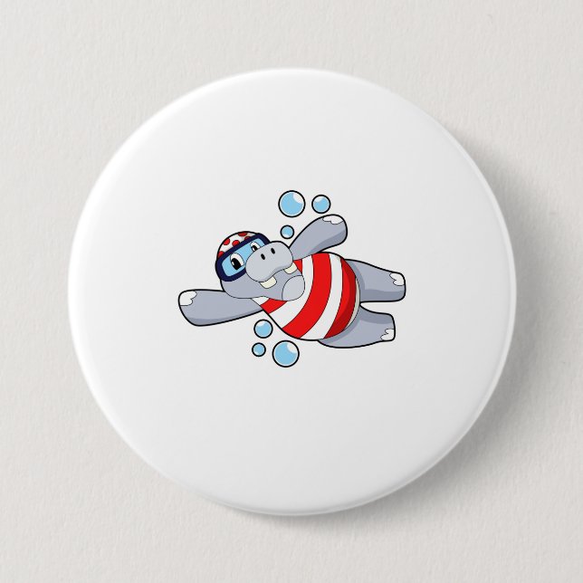 Hippo als Taucher mit Schwimmbrille Button (Vorderseite)