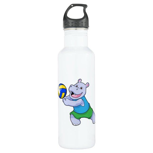 Hippo als Volleyballspieler mit Volleyball Edelstahlflasche (Vorderseite)
