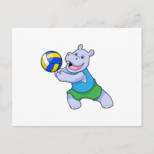 Hippo als Volleyballspieler mit Volleyball Postkarte (Vorderseite)