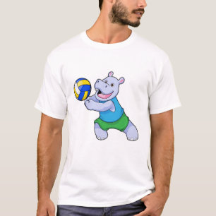 Hippo als Volleyballspieler mit Volleyball T-Shirt