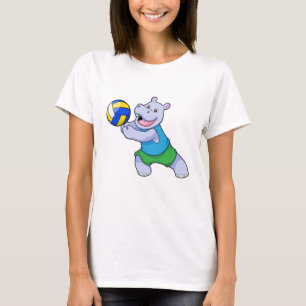 Hippo als Volleyballspieler mit Volleyball T-Shirt