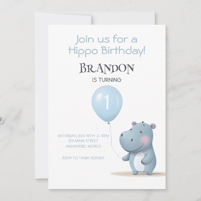 Hippo Anniversaire doux bleu simple invitation (Devant)