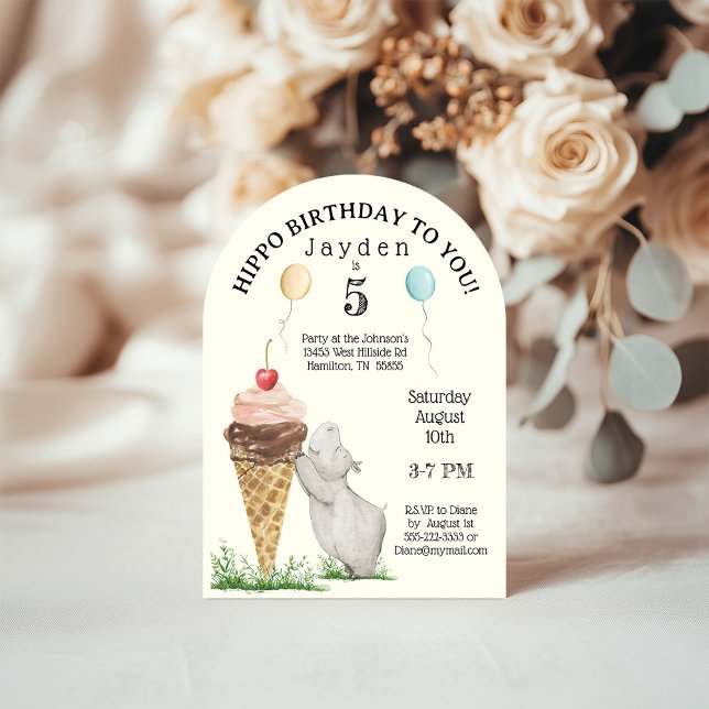 Hippo Anniversaire Fête Invitation (Hippo and ice cream cone arched birthday invitation for boys or girls)