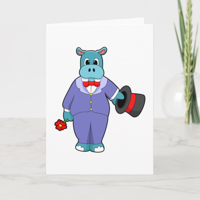 Hippo as Groom mit Anzug und Rose Karte (Vorderseite)