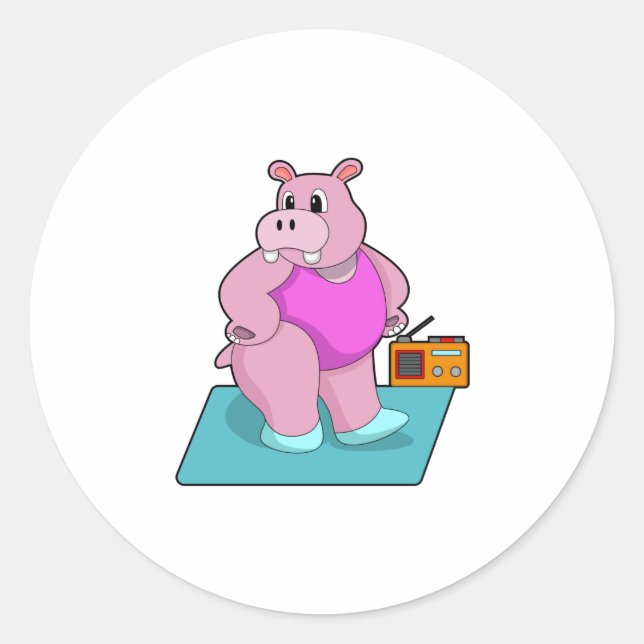 Hippo at Fitness with Radio.PNG Runder Aufkleber (Vorderseite)