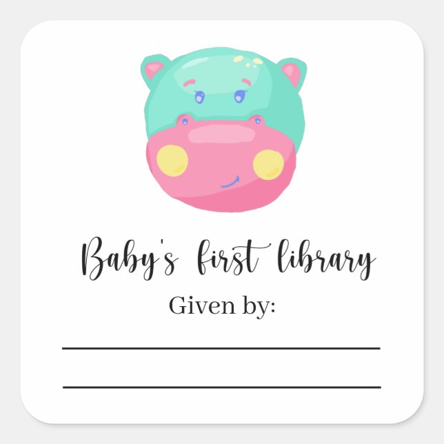 Hippo - Baby Dusche Buchzeichen, Babybücher Quadratischer Aufkleber (Vorderseite)
