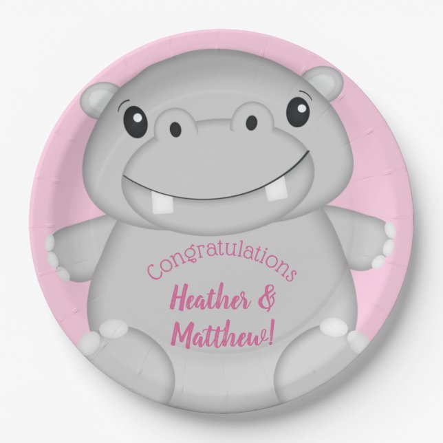 Hippo Baby Dusche Rosa Pappteller (Vorderseite)