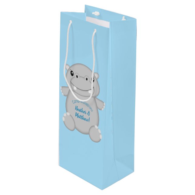 Hippo Baby Shower Blue Geschenktüte Für Weinflaschen (Vorderseite Schrägansicht)