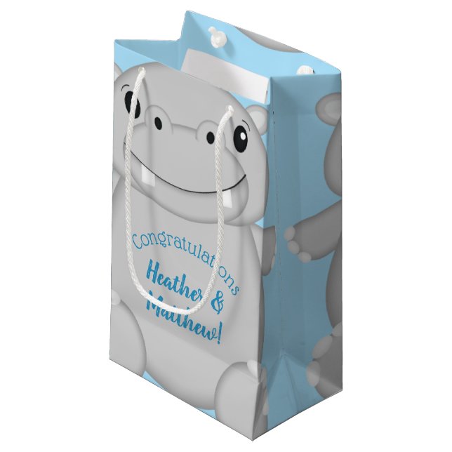Hippo Baby Shower Blue Kleine Geschenktüte (Vorderseite Schrägansicht)