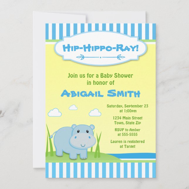 Hippo Baby shower Invitation Blue Hippo Boy (Devant)