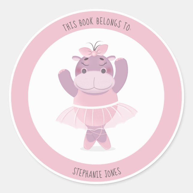 Hippo Ballerina Dieses Buch gehört Runder Aufkleber (Vorderseite)