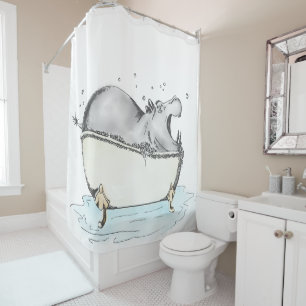 Hippo Bath Fun Illustration Wasserfarbe Duschvorhang