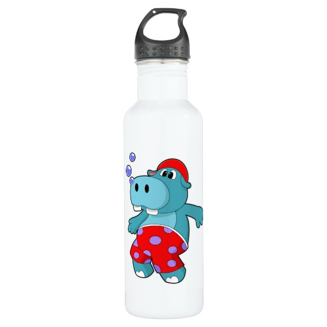Hippo beim Schwimmen mit Schwimmstämmen Edelstahlflasche (Vorderseite)