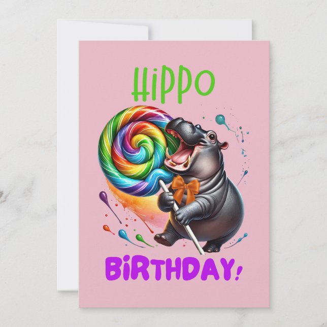 Hippo Birthday fröhlich, farbenfroh Candy Swirl | Einladung (Vorderseite)