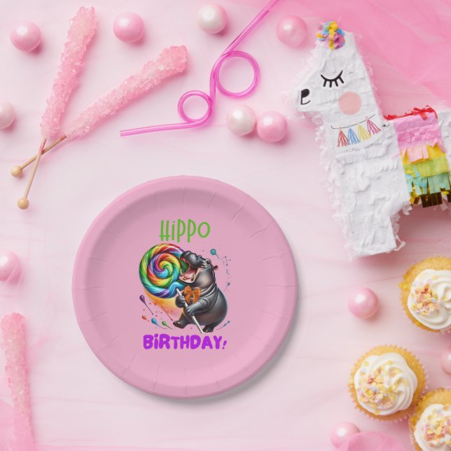 Hippo Birthday fröhlich, farbenfroh Candy Swirl | Pappteller (Party)