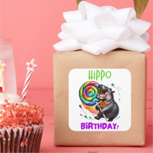 Hippo Birthday fröhlich, farbenfroh Candy Swirl Quadratischer Aufkleber