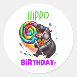 Hippo Birthday fröhlich, farbenfroh Candy Swirl | Runder Aufkleber