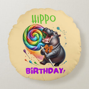 Hippo Birthday fröhlich, farbenfroh Candy Swirl Rundes Kissen