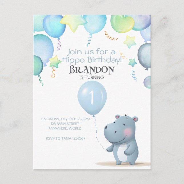 Hippo Birthday sanft blau einfache Einladung (Vorderseite)