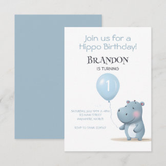 Hippo Birthday sanft blau einfache Einladung