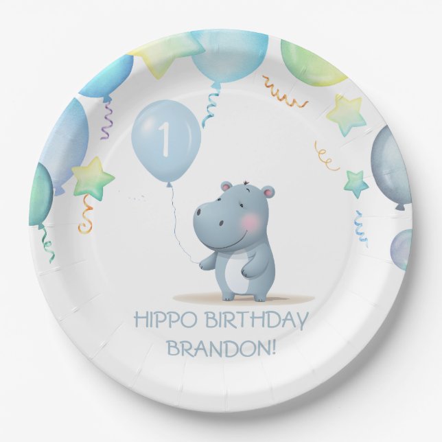 Hippo Birthday weich blaue, einfache Papiertüte Pappteller (Vorderseite)
