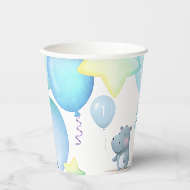 Hippo Birthday Weichblau Pappbecher (Vorderseite)