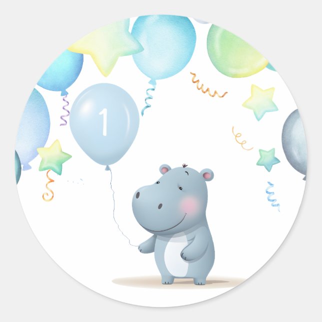 Hippo Birthday Weichblau Runder Aufkleber (Vorderseite)