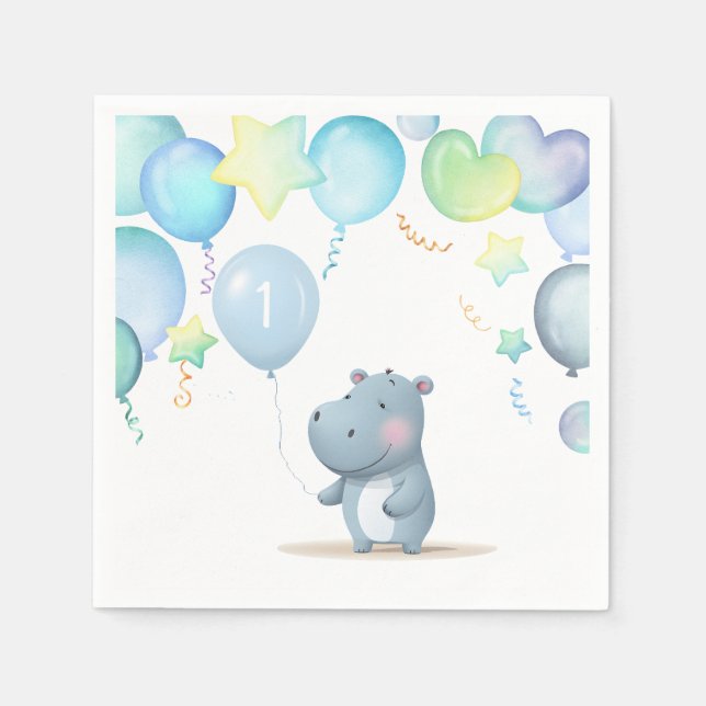 Hippo Birthday weiche blaue Servietten (Vorderseite)