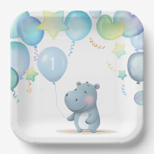 Hippo Birthday weiche blaue Servietten Pappteller